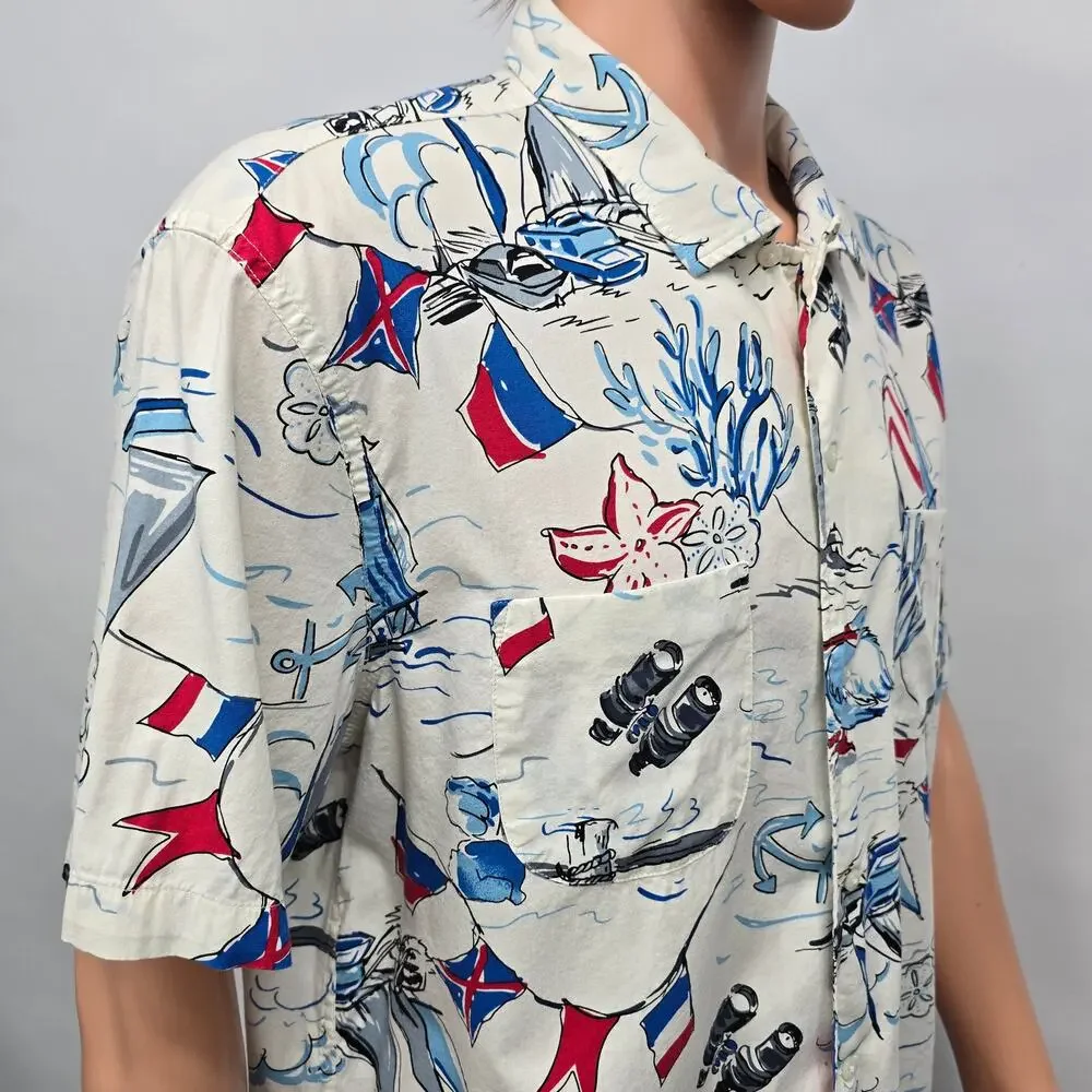 J. Crew camp-collar shirt Men XL Sailboat Nautical Print Short sleeve BH604